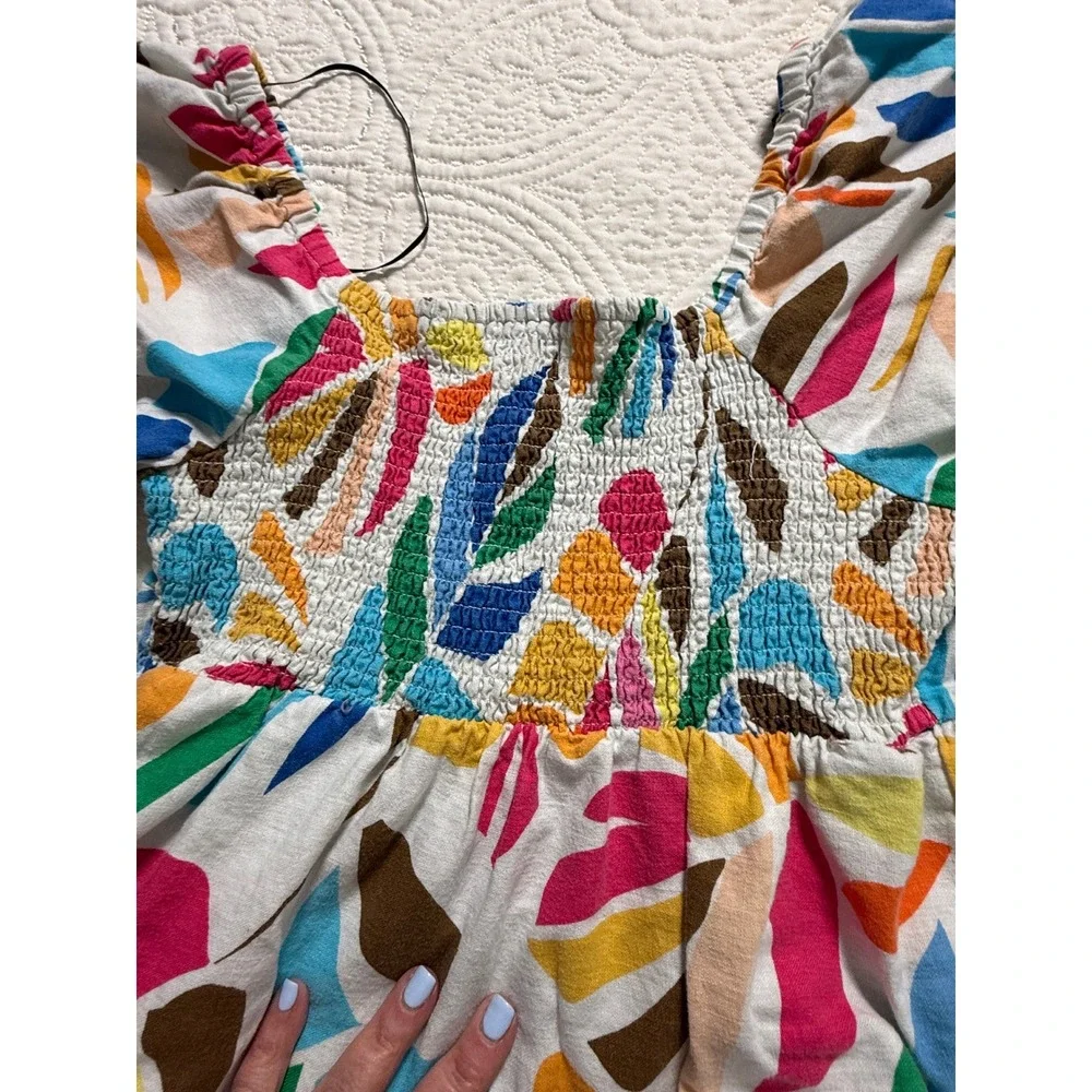 Tabitha Brown for Target Dress SZ Medium Multicolor Leaf Print Linen Puff Sleeve